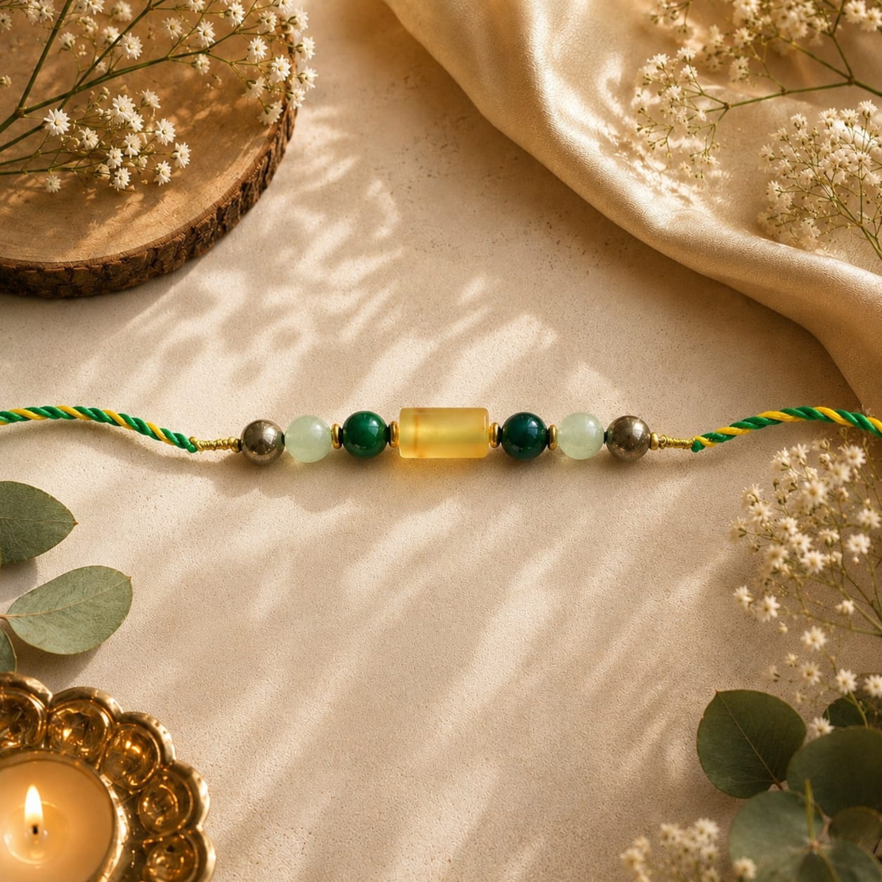 Green Aventurine, Citrine & Pyrite Rakhi Set | Growth, Prosperity & Protection