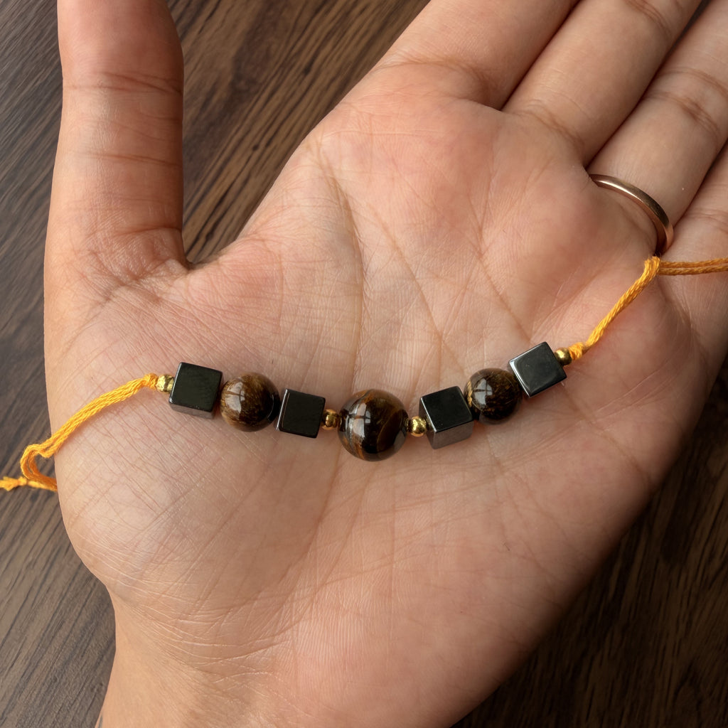 Tiger Eye & Hematite Rakhi for Protection, Courage & Wealth