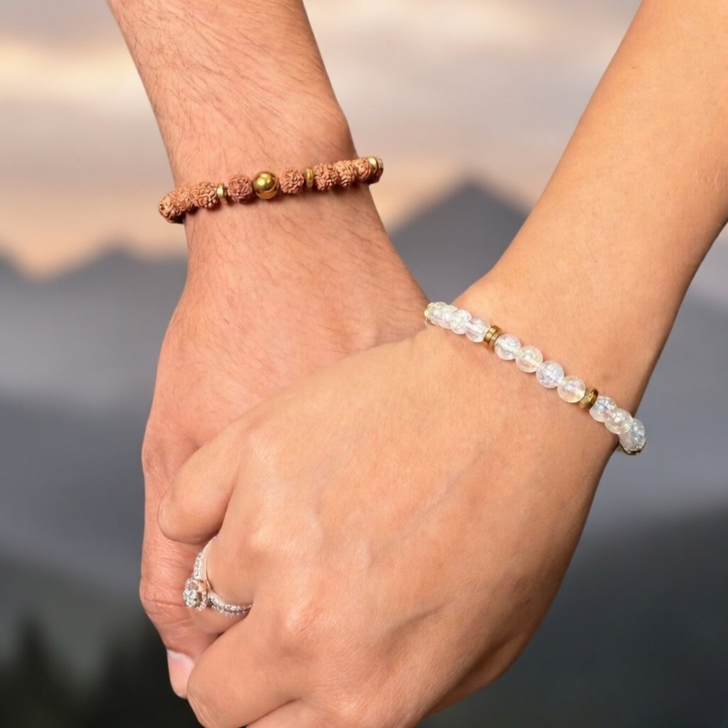 Spiritual Clarity Couple Combo – Rudraksha & Clear Quartz Bracelet