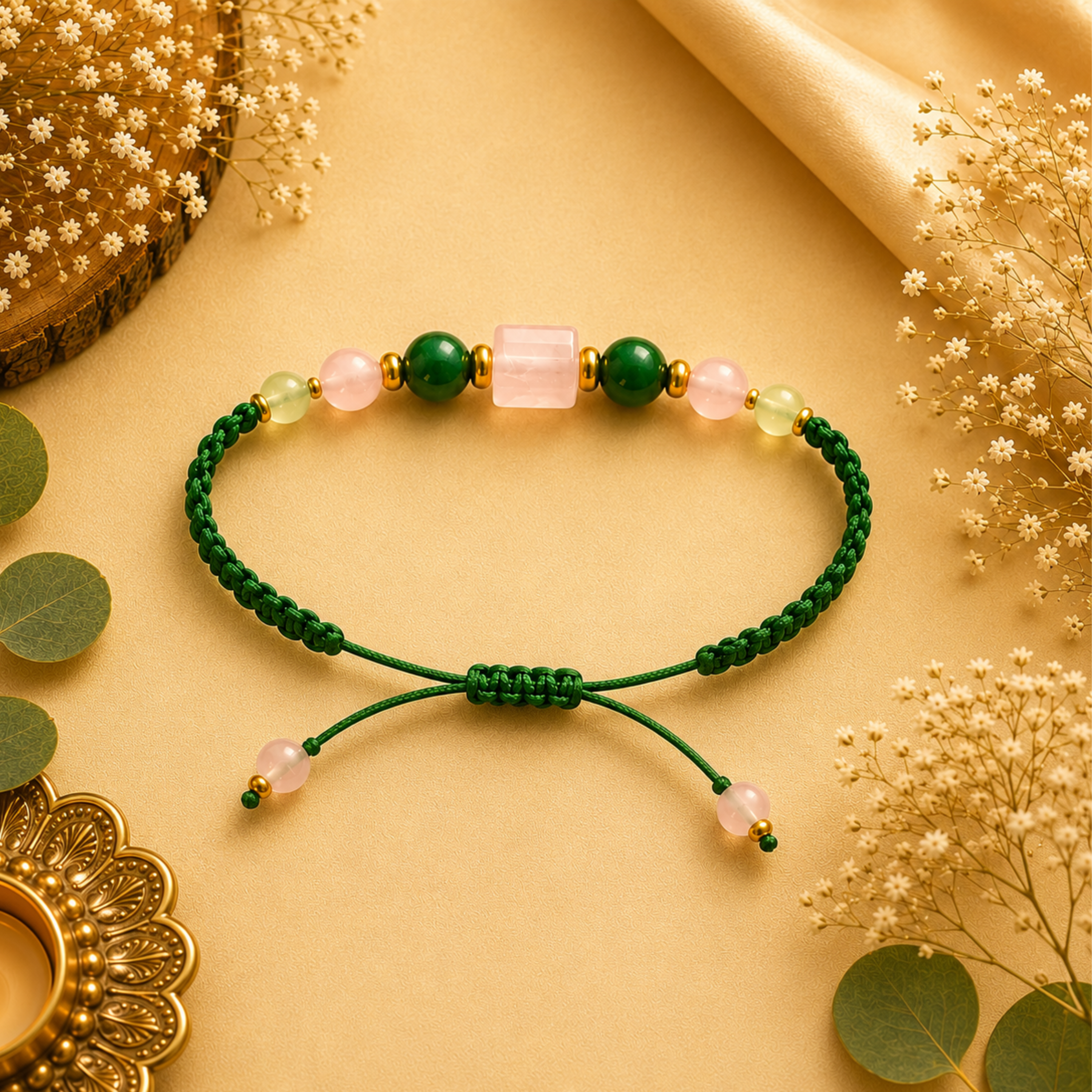 Green Aventurine, Black Tourmaline  Citrine & Pyrite Rakhi Set | Growth, Prosperity & Protection