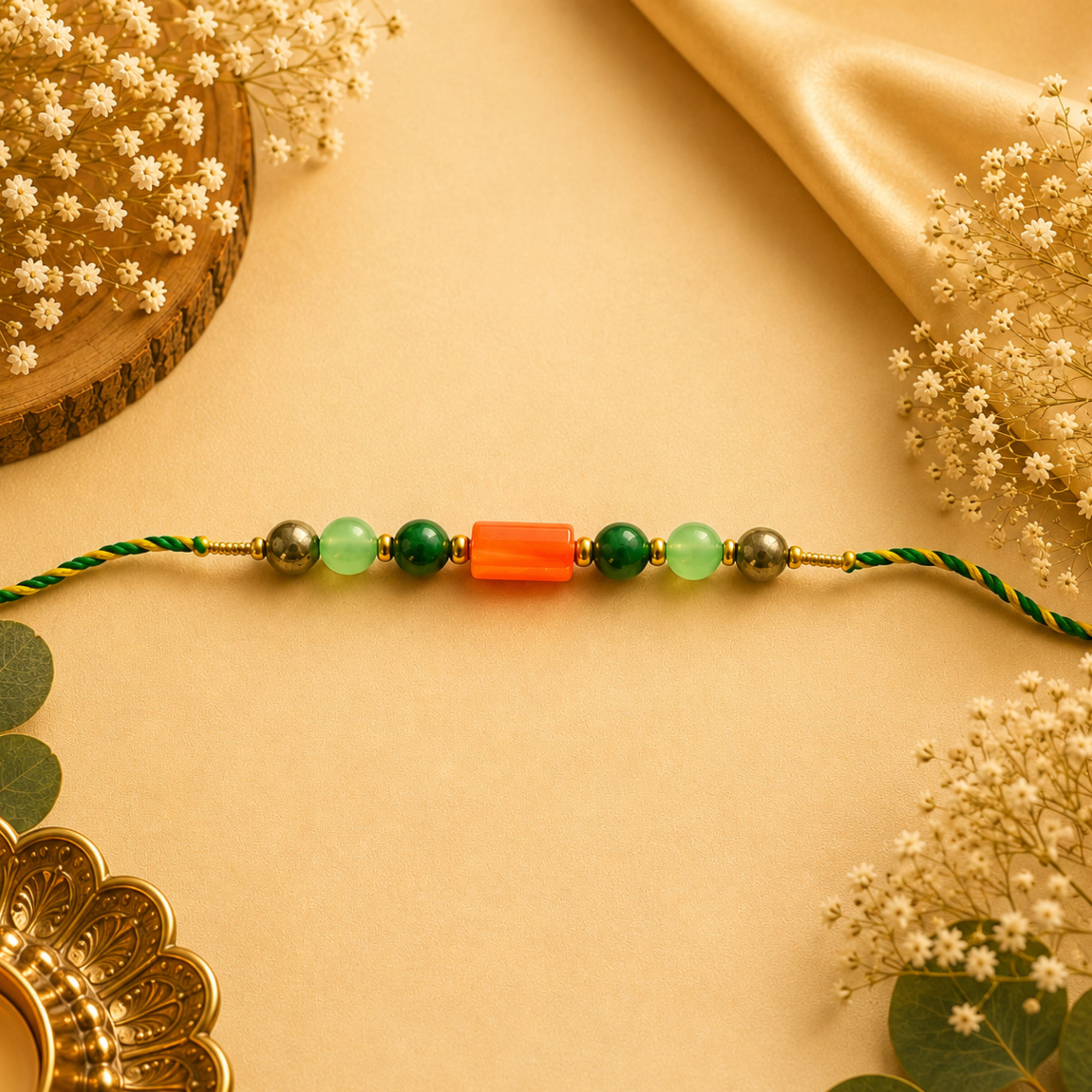 Green Aventurine, Black Tourmaline  Citrine & Pyrite Rakhi Set | Growth, Prosperity & Protection