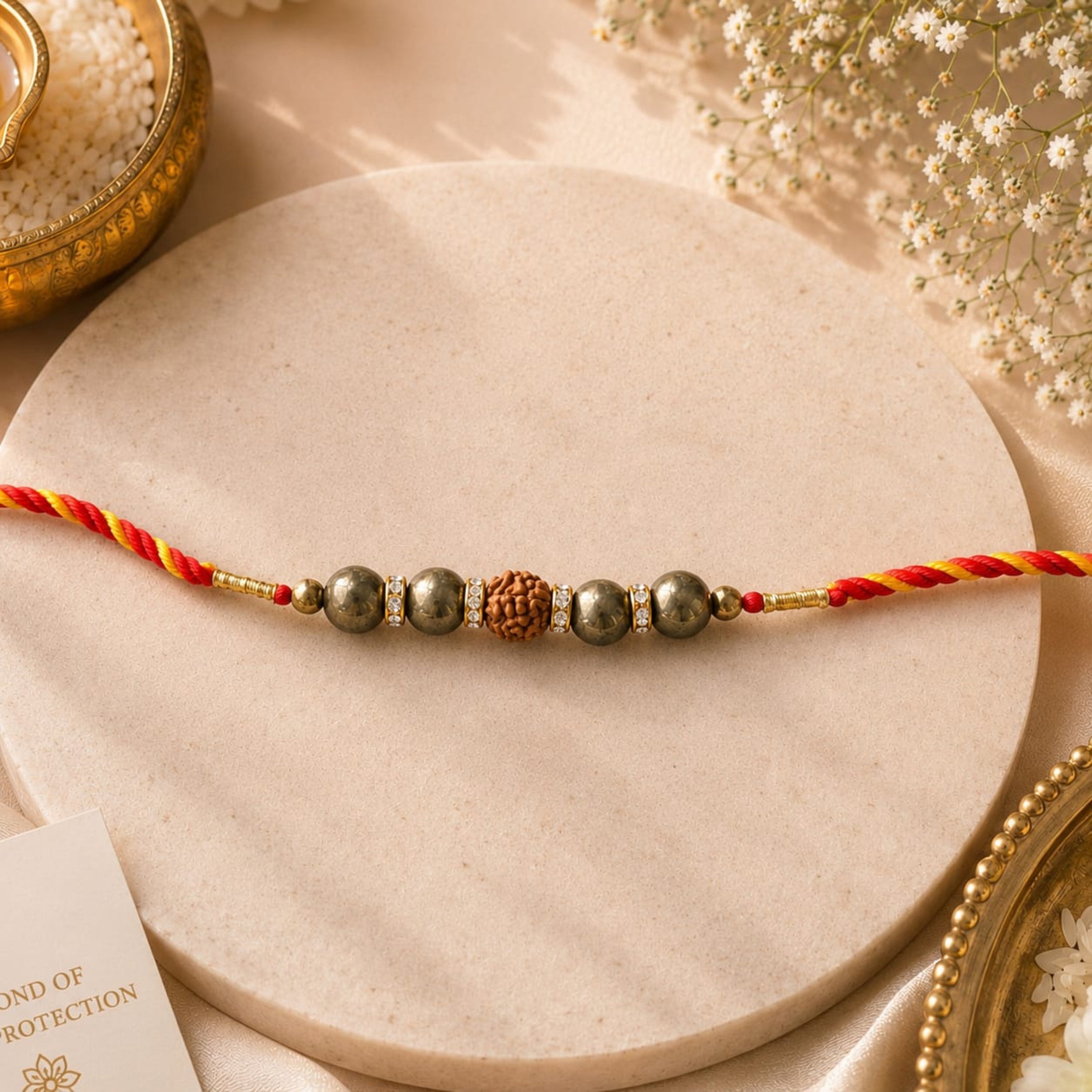 Mahakal Siddh Rudraksha, Pyrite, Rose Quartz & Pearl Rakhi Set for Wealth, Harmony & Divine Blessings
