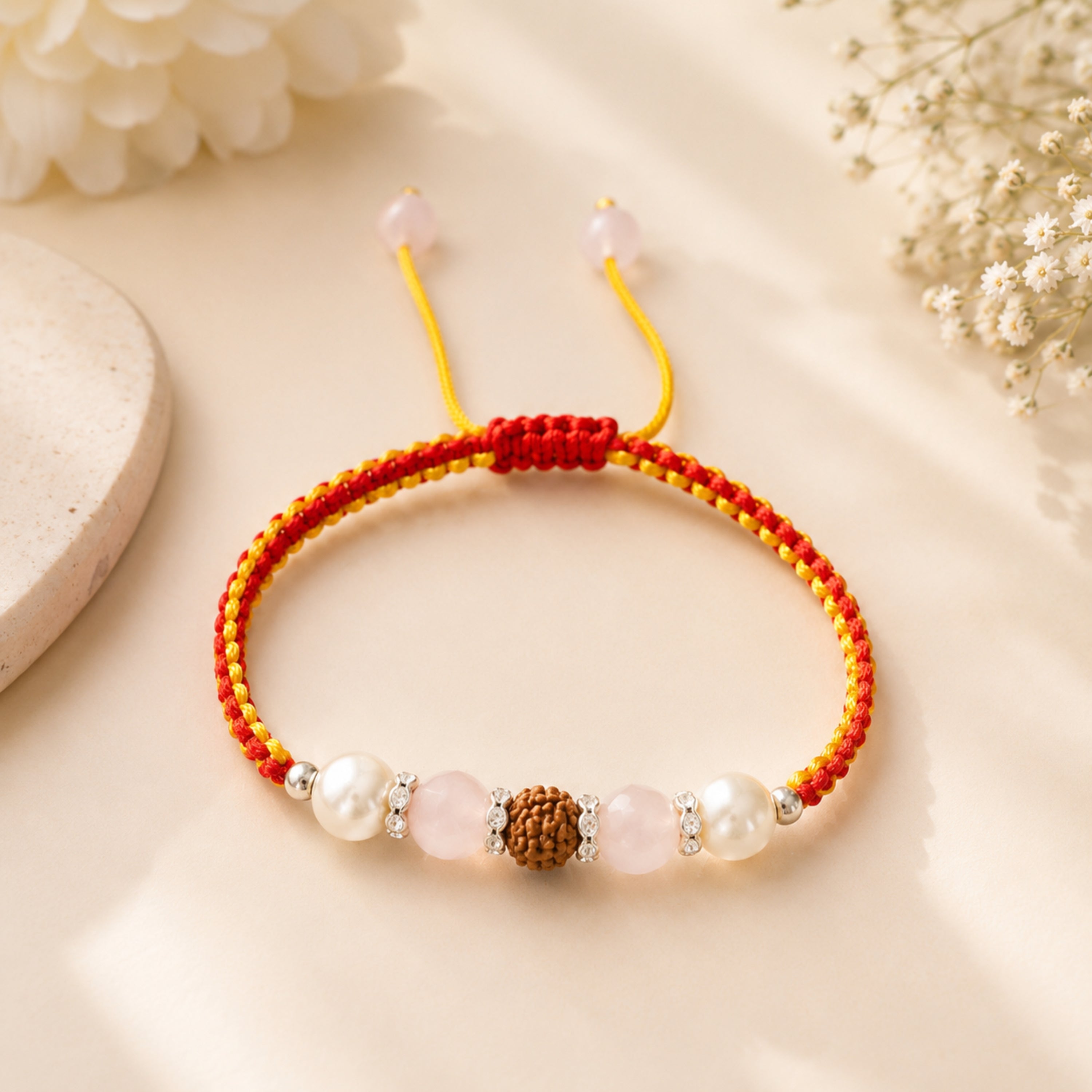 Mahakal Siddh Rudraksha, Pyrite, Rose Quartz & Pearl Rakhi Set for Wealth, Harmony & Divine Blessings