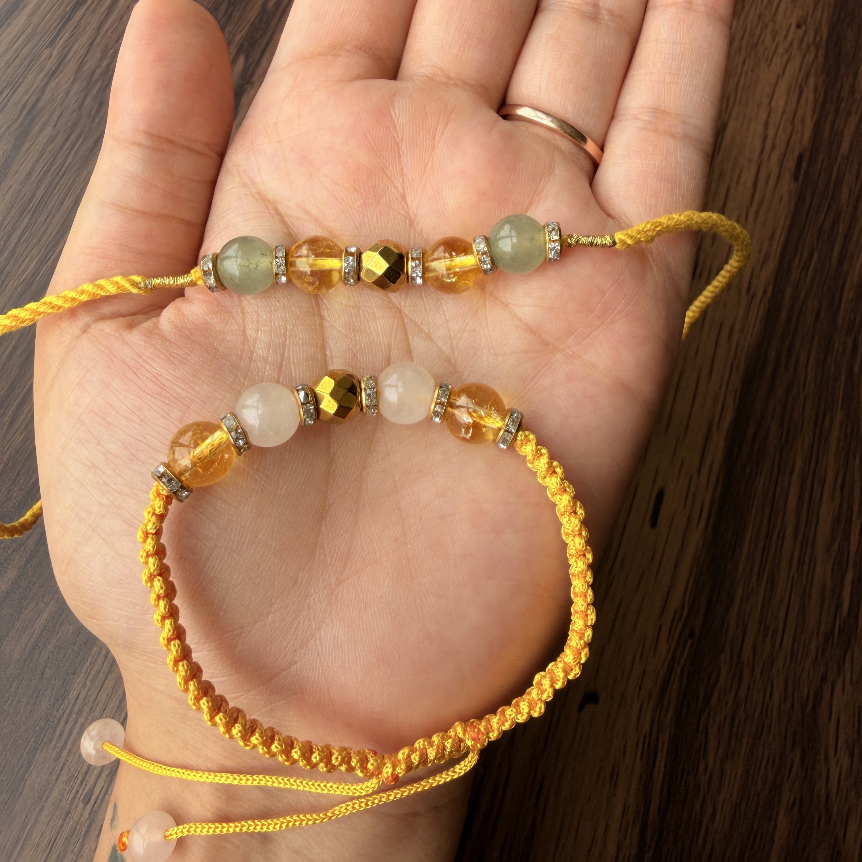 Rose Quartz, Citrine & Golden Pyrite, Green Jade Rakhi Set | Love, Happiness & Prosperity