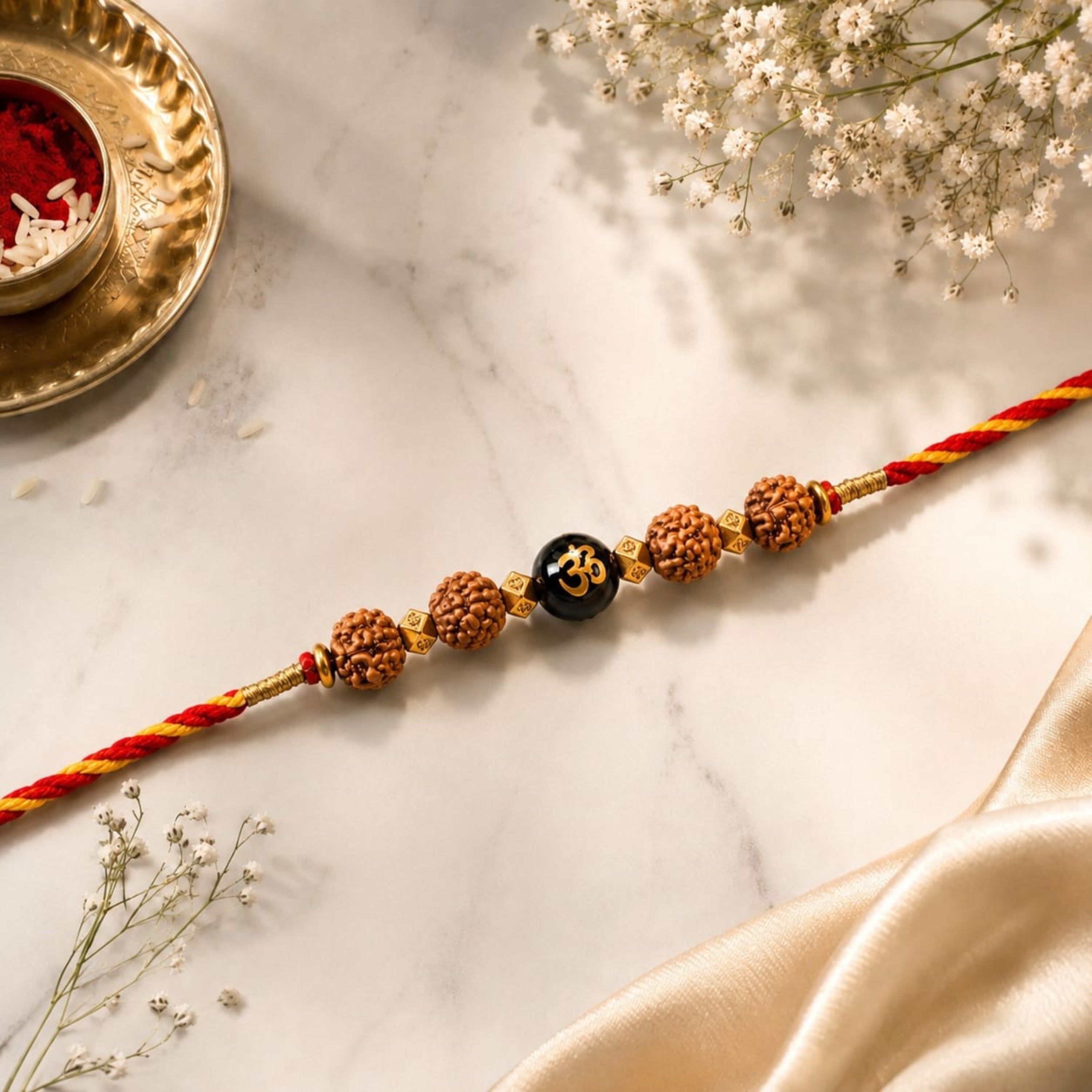 Mahakal Siddh Rudraksha Om, Black Onyx, Rose Quartz & Pearl Rakhi Set for Love, Protection & Prosperity
