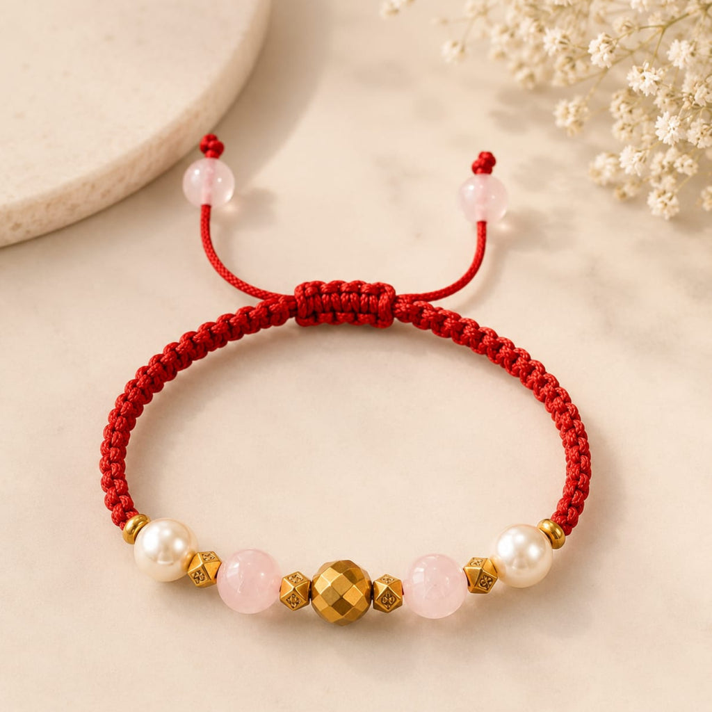 Mahakal Siddh Rudraksha Om, Black Onyx, Rose Quartz & Pearl Rakhi Set for Love, Protection & Prosperity