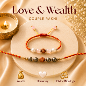 Mahakal Siddh Rudraksha, Pyrite, Rose Quartz & Pearl Rakhi Set for Wealth, Harmony & Divine Blessings