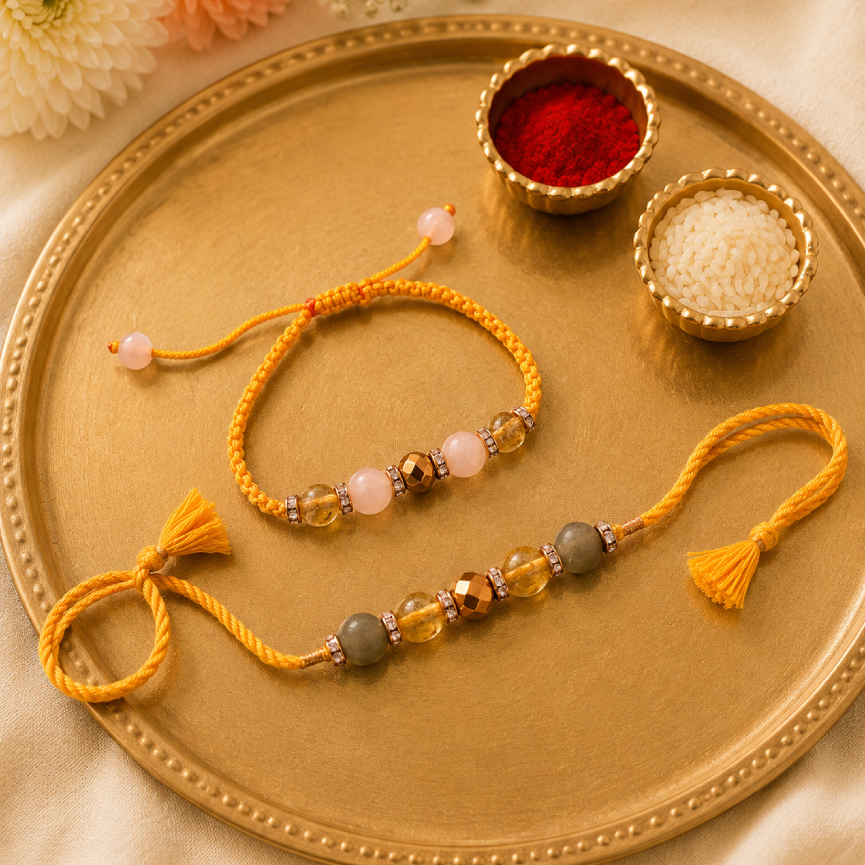 Rose Quartz, Citrine & Golden Pyrite, Green Jade Rakhi Set | Love, Happiness & Prosperity