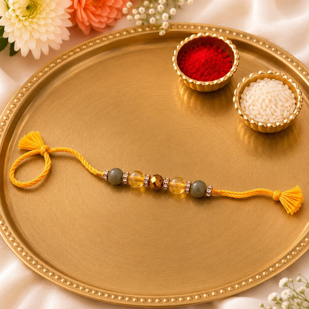 Rose Quartz, Citrine & Golden Pyrite, Green Adventurine Rakhi Set | Love, Happiness & Prosperity