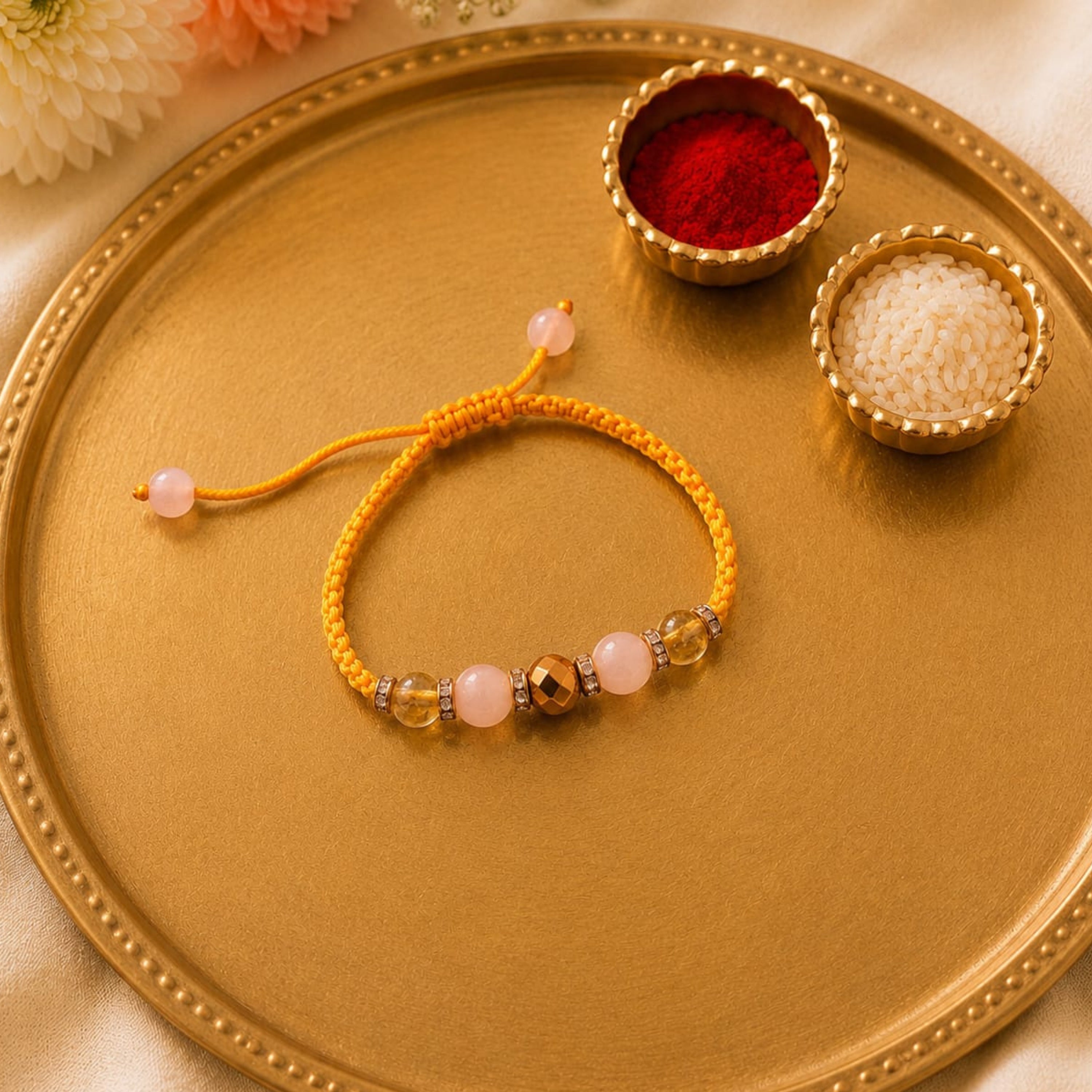 Rose Quartz, Citrine & Golden Pyrite, Green Adventurine Rakhi Set | Love, Happiness & Prosperity