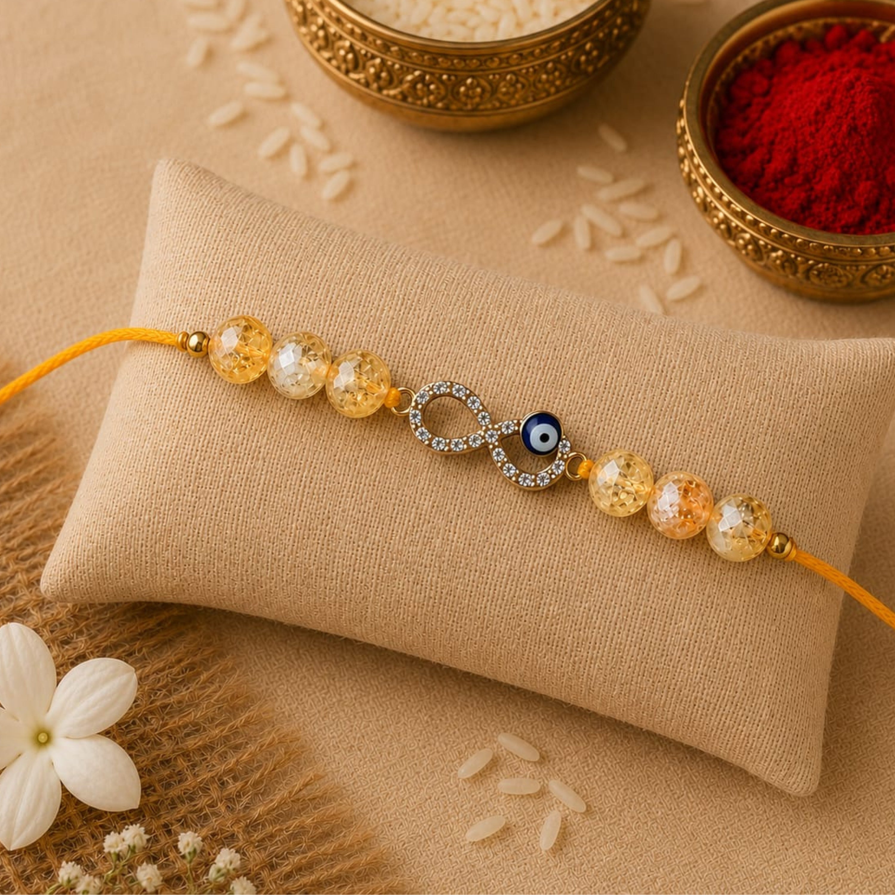 Citrine Evil Eye Infinity Rakhi for Success, Positivity & Protection