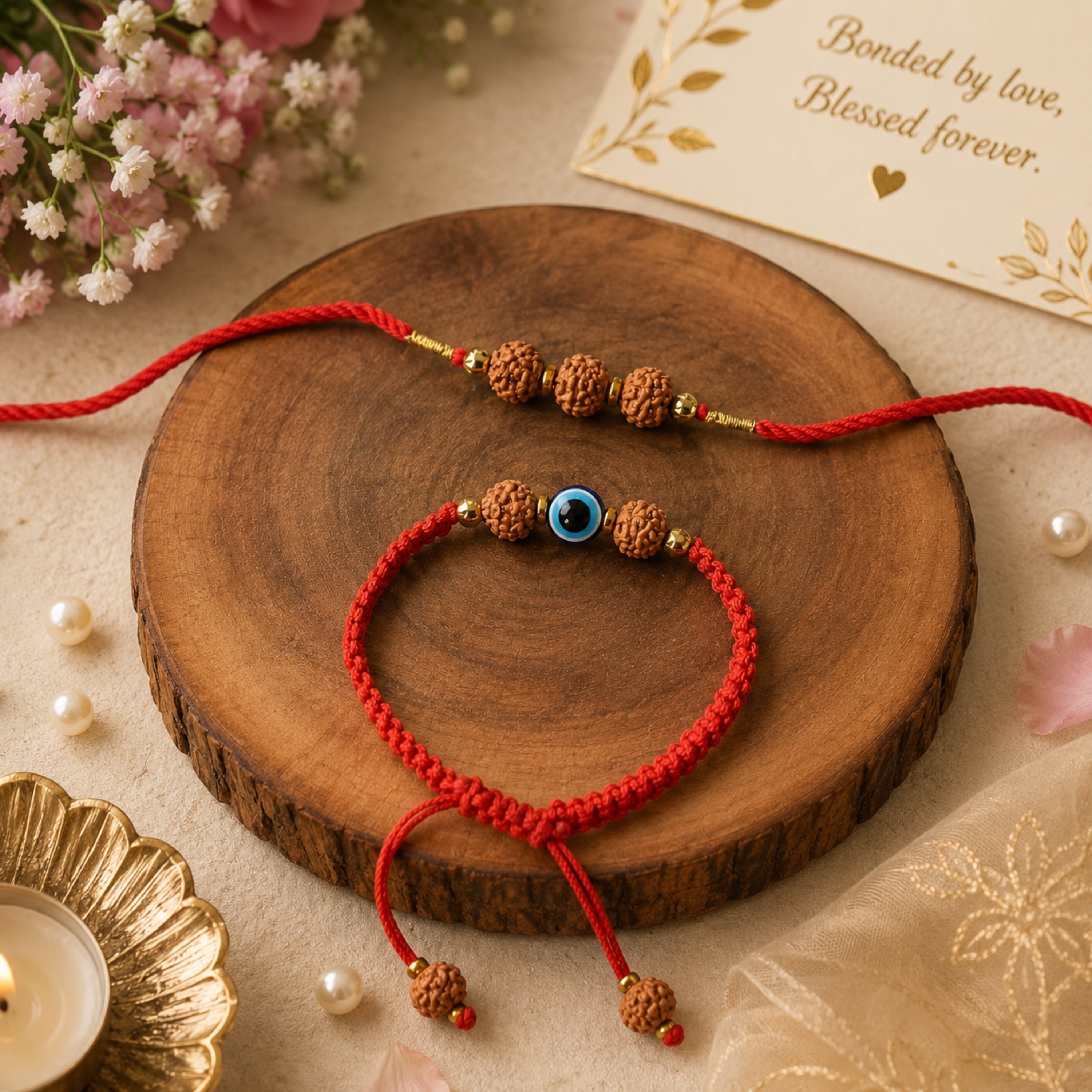 Mahakal Siddh 3 Mukhi Rudraksha & Evil Eye Rakhi Set | Protection & Divine Blessings