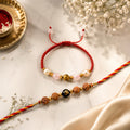 Mahakal Siddh Rudraksha Om, Black Onyx, Rose Quartz & Pearl Rakhi Set for Love, Protection & Prosperity