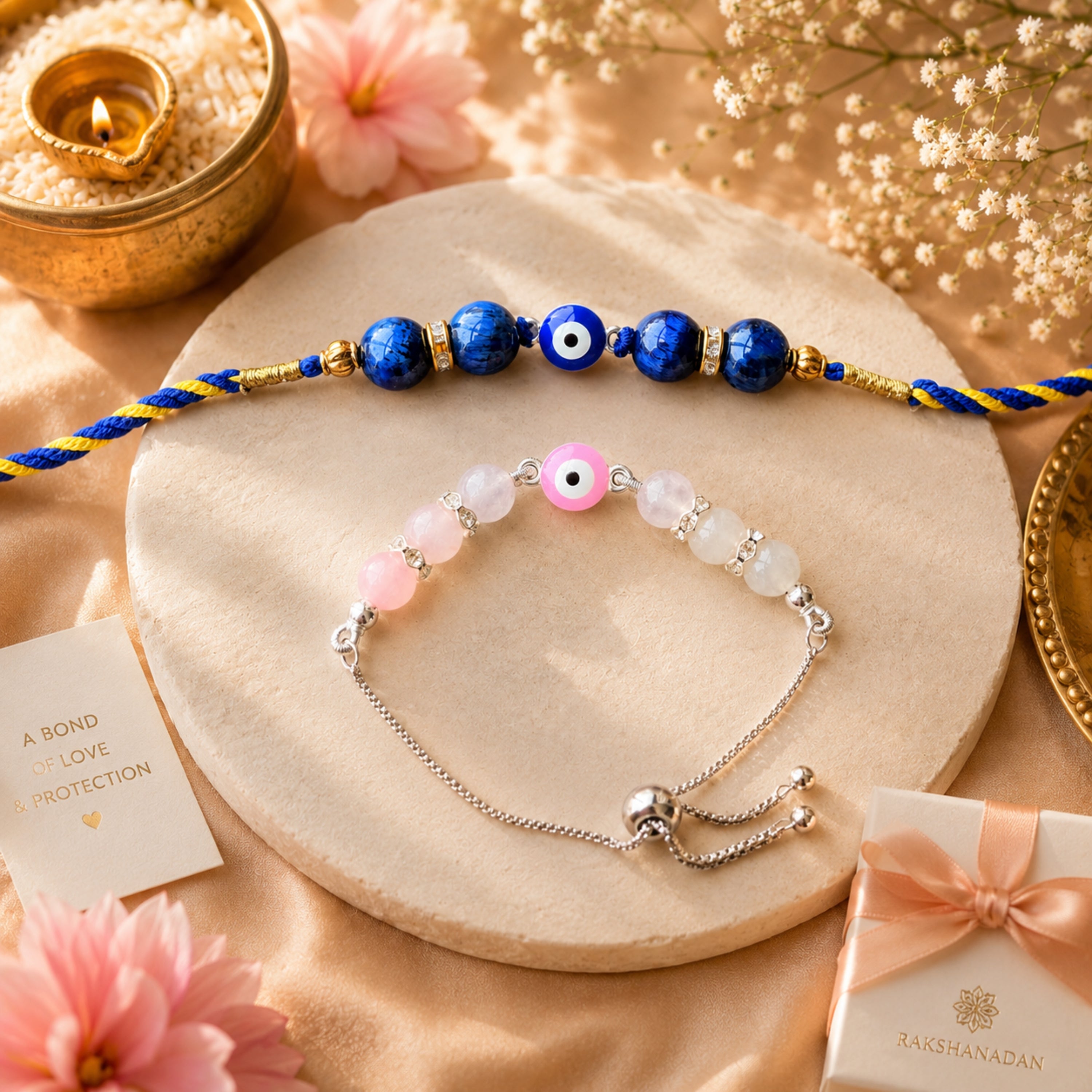 Blue Tiger Eye, Evil Eye & Rose Quartz Rakhi Set for Protection, Love & Harmony
