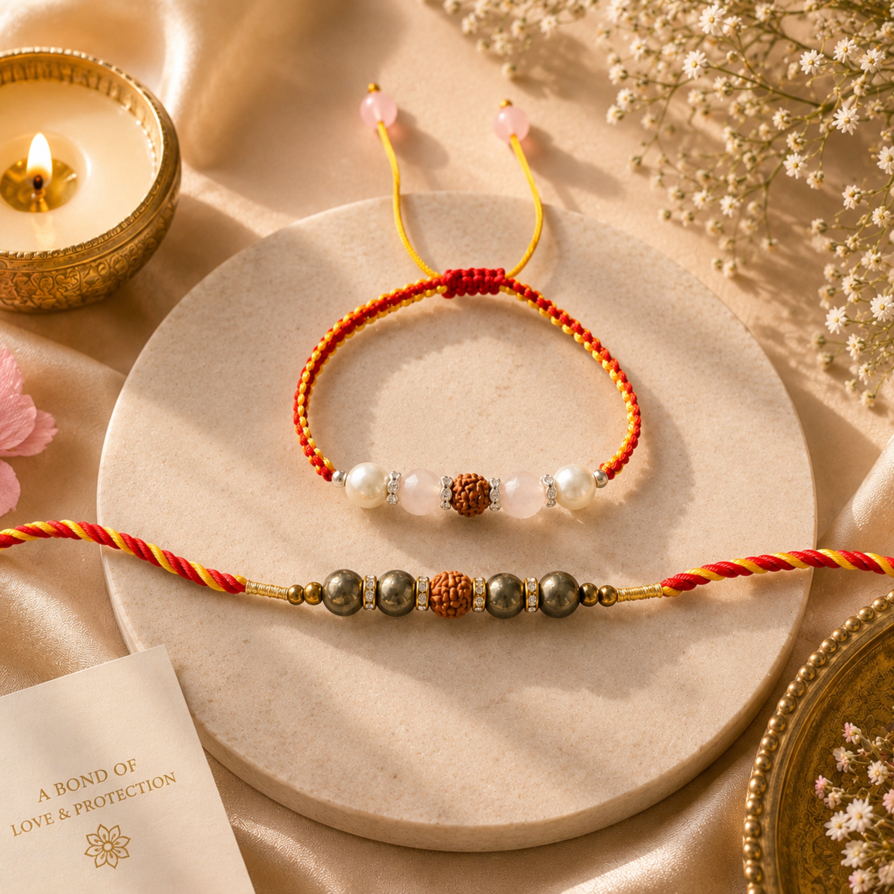 Mahakal Siddh Rudraksha, Pyrite, Rose Quartz & Pearl Rakhi Set for Wealth, Harmony & Divine Blessings