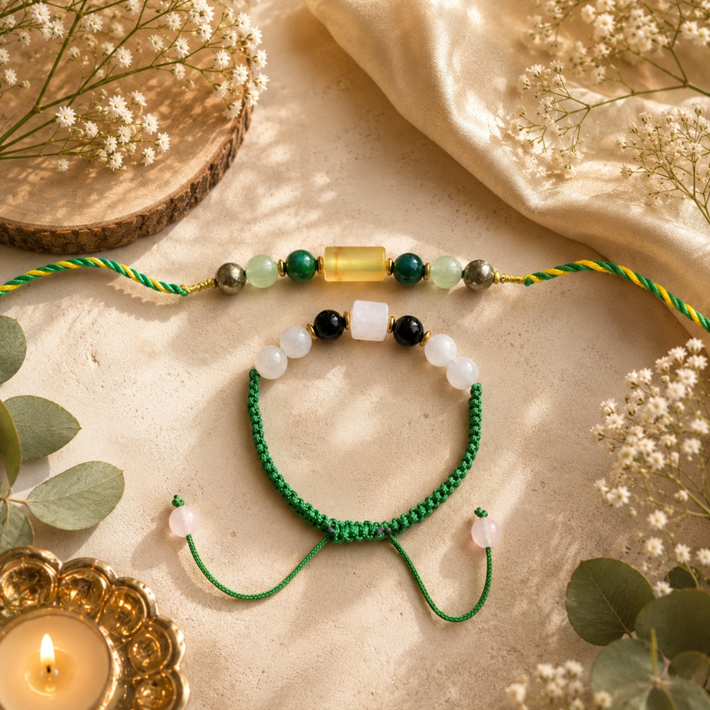 Green Aventurine, Citrine & Pyrite Rakhi Set | Growth, Prosperity & Protection