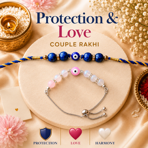 Blue Tiger Eye, Evil Eye & Rose Quartz Rakhi Set for Protection, Love & Harmony