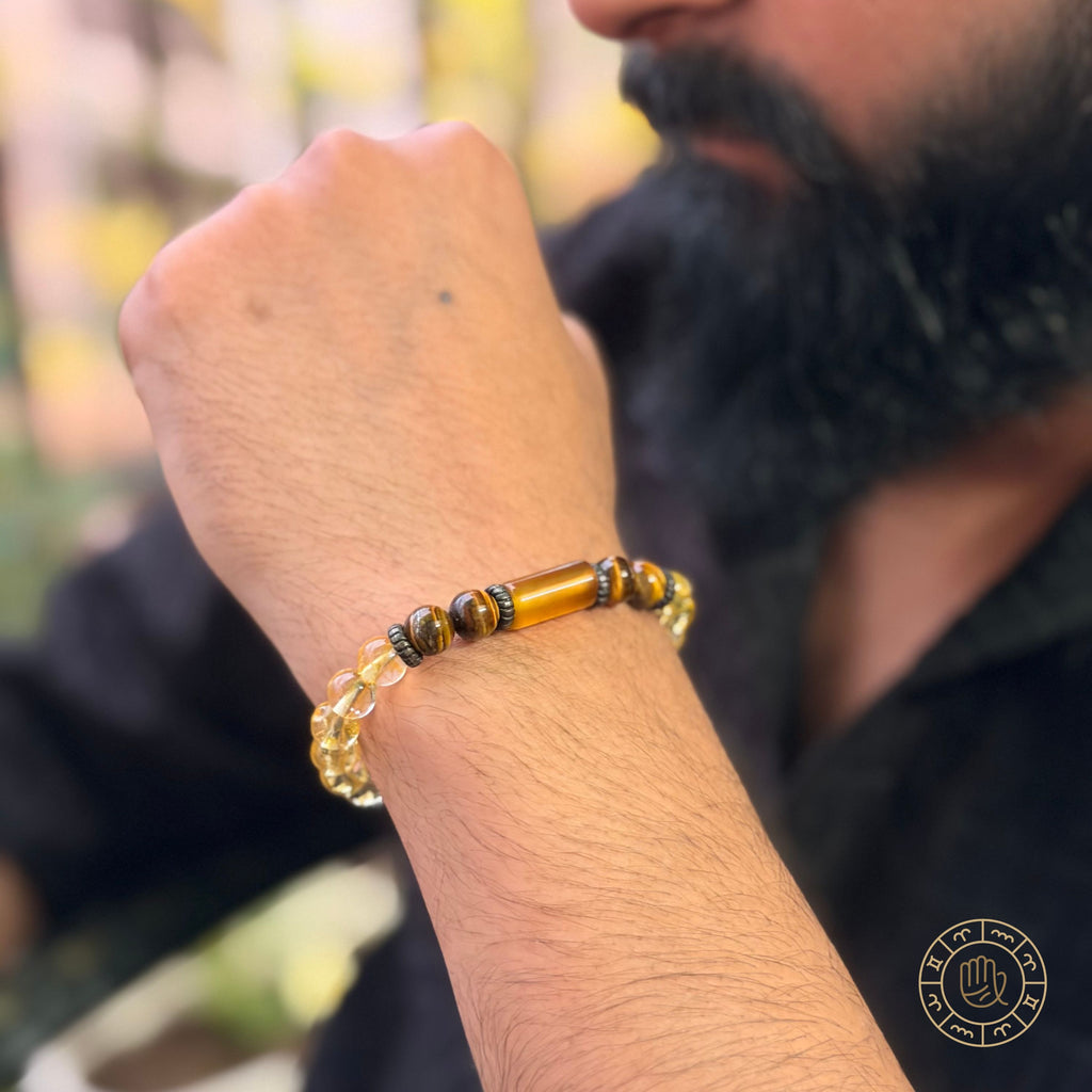 Wealth & Calm Couple Combo – Citrine, Tiger Eye & Lava Bracelet Set
