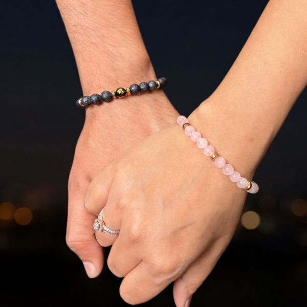 Love & Protection Couple Combo Rose Quartz & Black Lava Bracelet