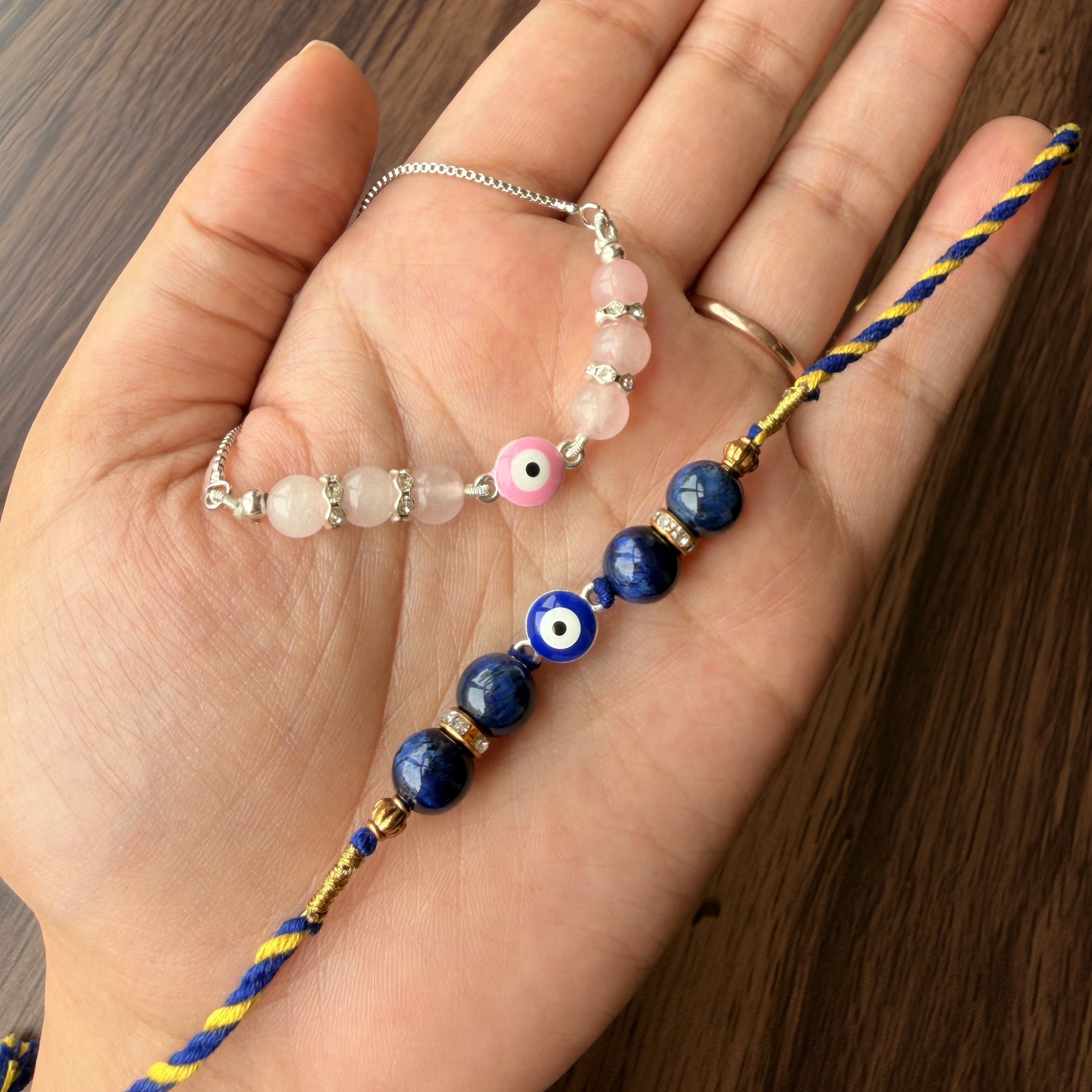 Blue Tiger Eye, Evil Eye & Rose Quartz Rakhi Set for Protection, Love & Harmony