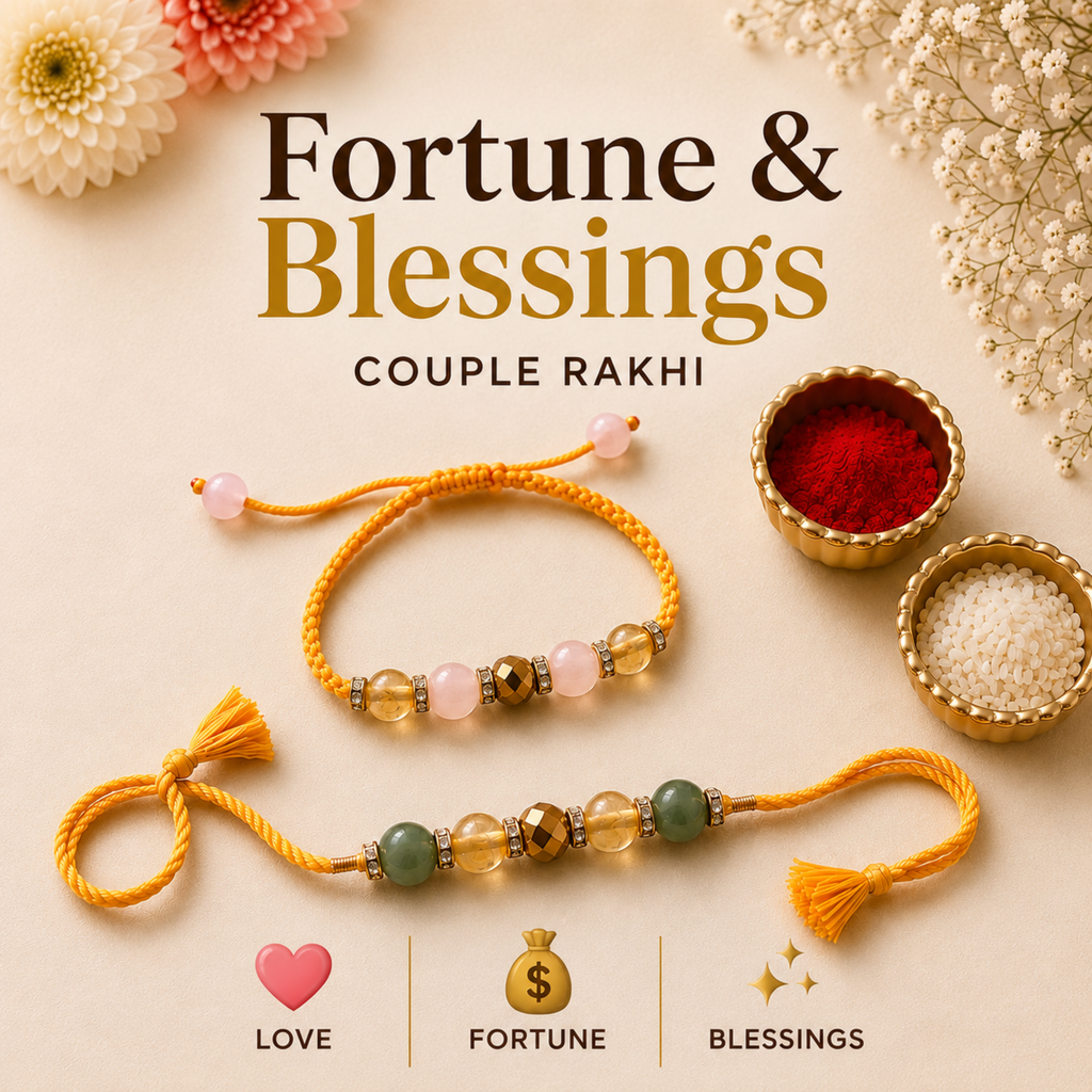 Rose Quartz, Citrine & Golden Pyrite, Green Jade Rakhi Set | Love, Happiness & Prosperity