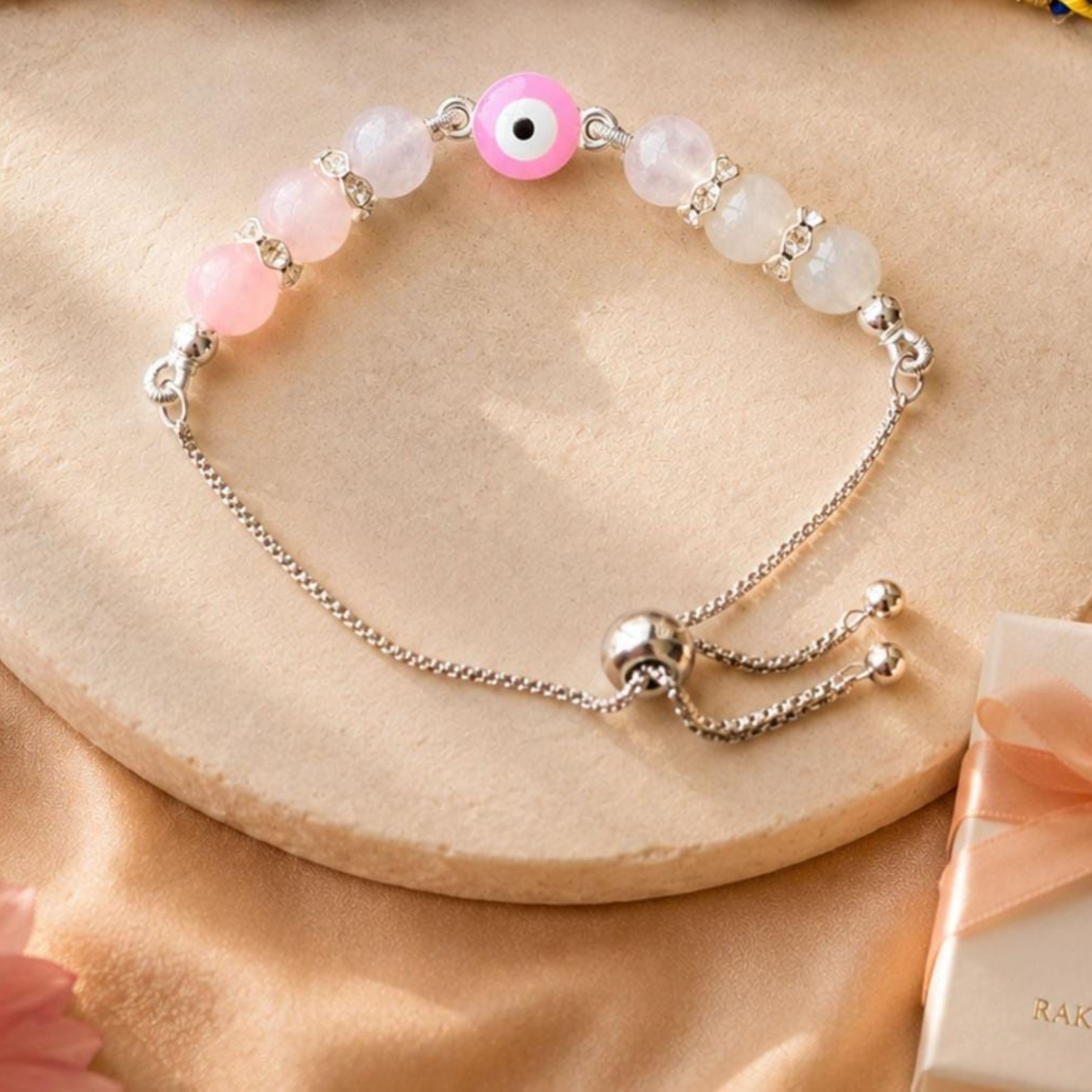 Blue Tiger Eye, Evil Eye & Rose Quartz Rakhi Set for Protection, Love & Harmony