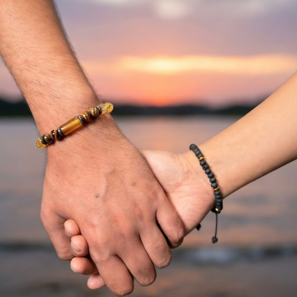Wealth & Calm Couple Combo – Citrine, Tiger Eye & Lava Bracelet Set