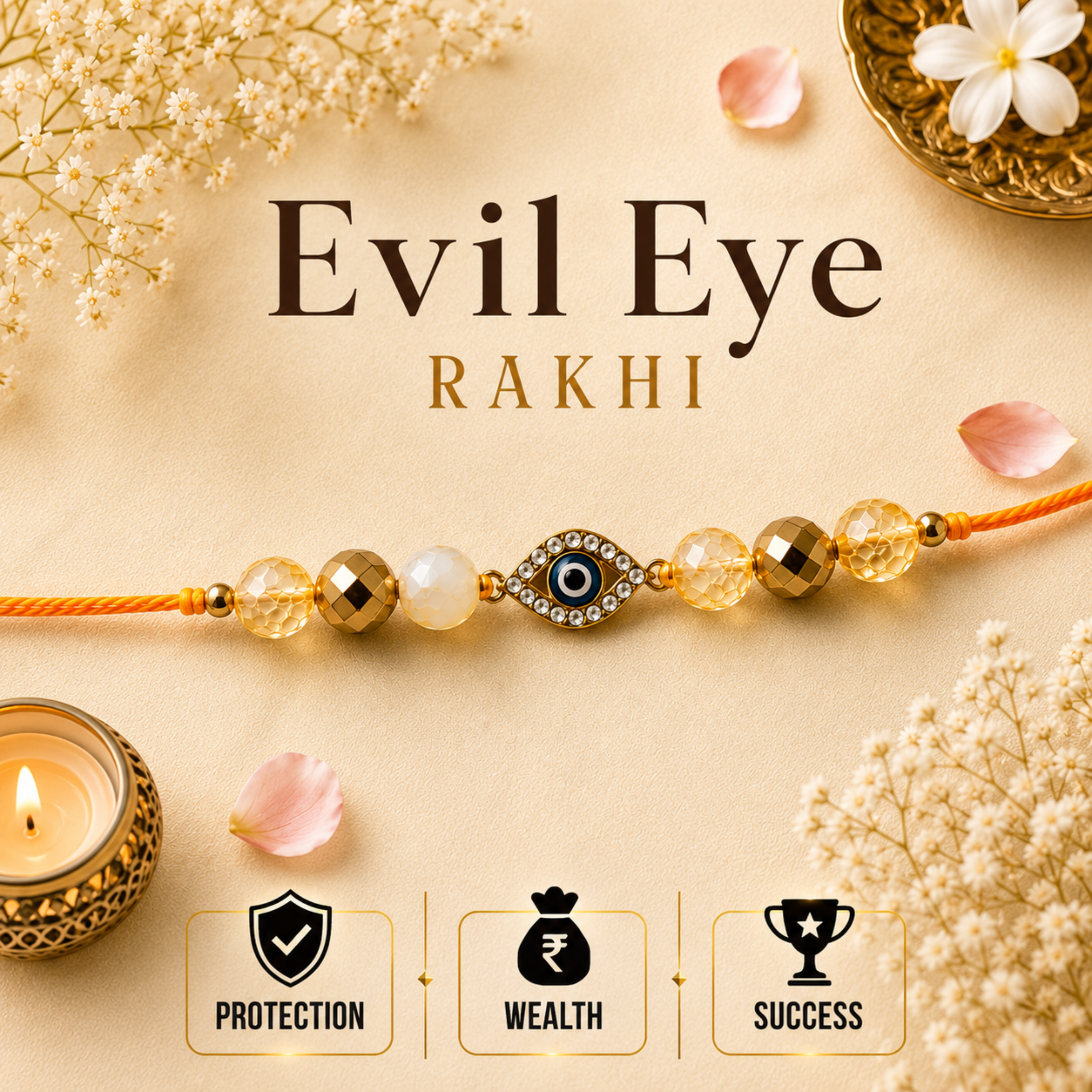 Citrine & Golden Pyrite Evil Eye Rakhi for Wealth, Protection & Success