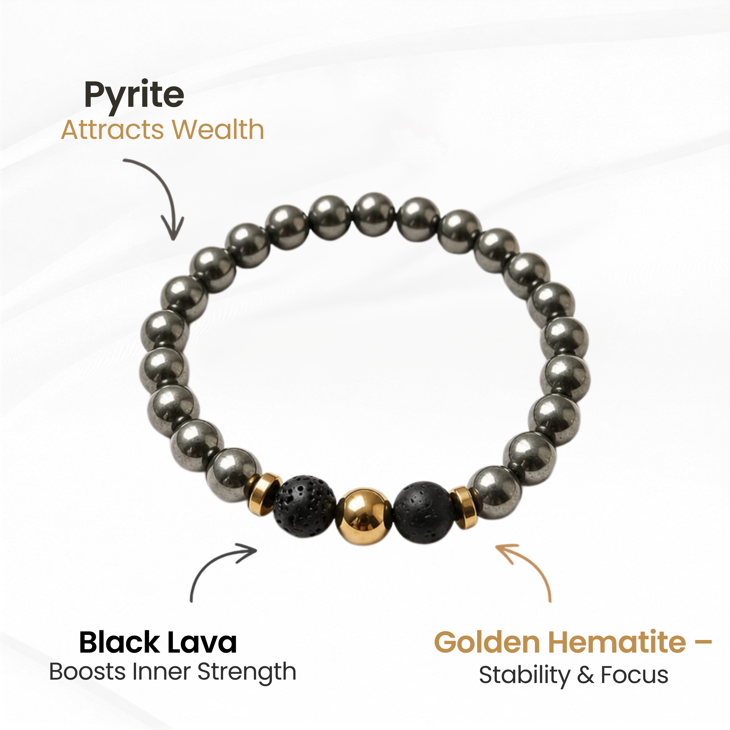 Pyrite Lava Hematite Bracelet (8mm) – Focus, Strength & Energy Balance