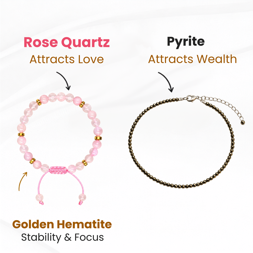Rose Quartz Bracelet & Pyrite Crystal Anklet Combo for Love, Wealth & Positive Energy