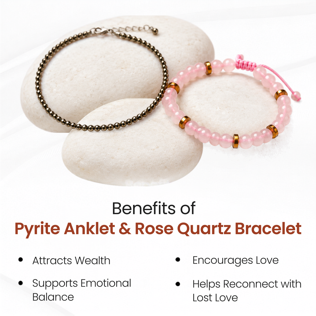 Rose Quartz Bracelet & Pyrite Crystal Anklet Combo for Love, Wealth & Positive Energy