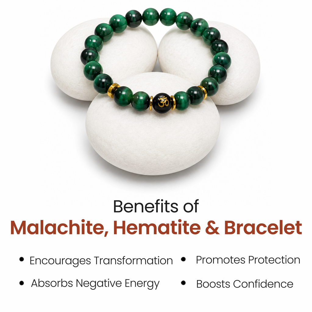 Malachite, Hematite & Om Bracelet for Personal Growth, Positivity & Protection