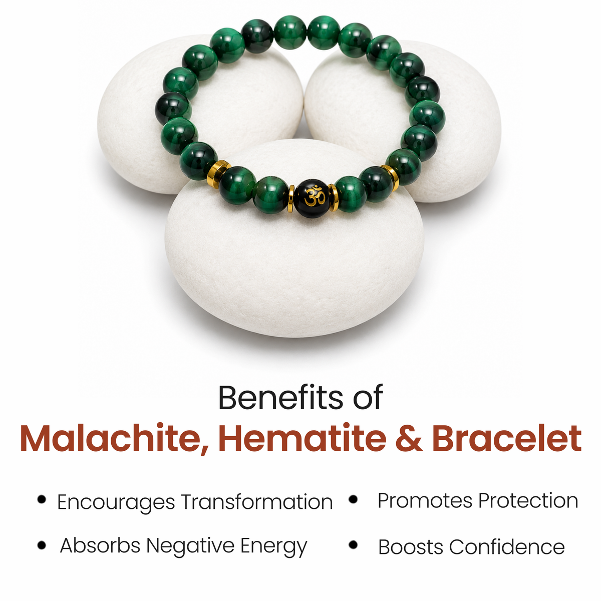Malachite, Hematite & Om Bracelet for Personal Growth, Positivity & Protection