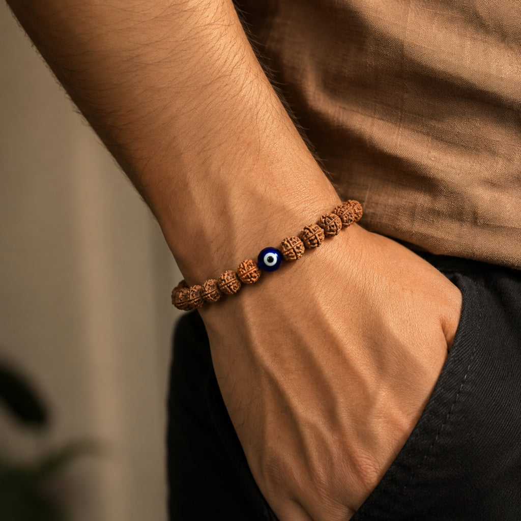 Rudraksha Bracelet with Evil Eye – Protection, Positivity & Spiritual Energy
