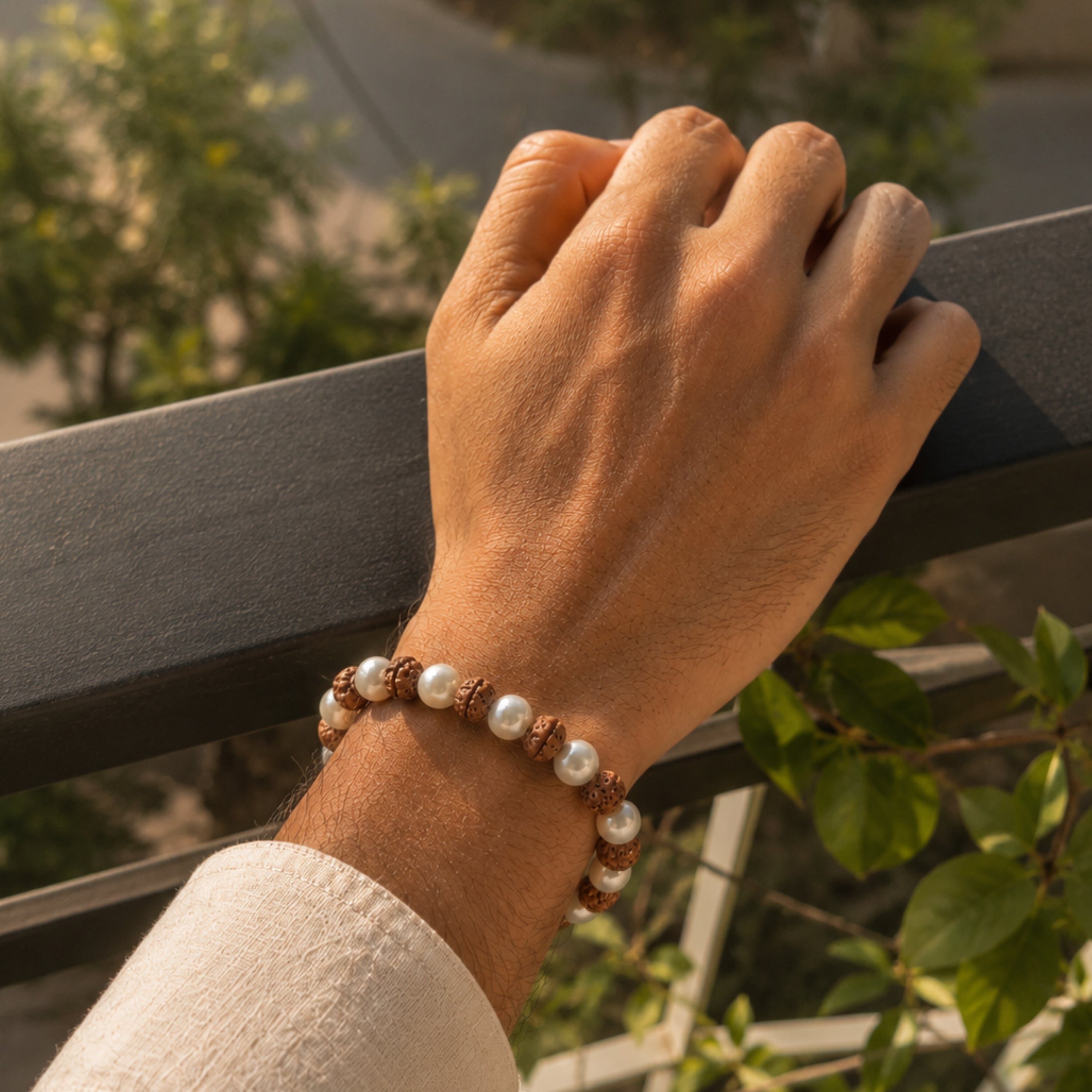 Pearl & Rudraksha Bracelet – Peace, Protection & Inner Balance