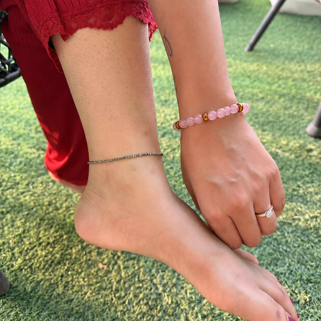 Rose Quartz Bracelet & Pyrite Crystal Anklet Combo for Love, Wealth & Positive Energy