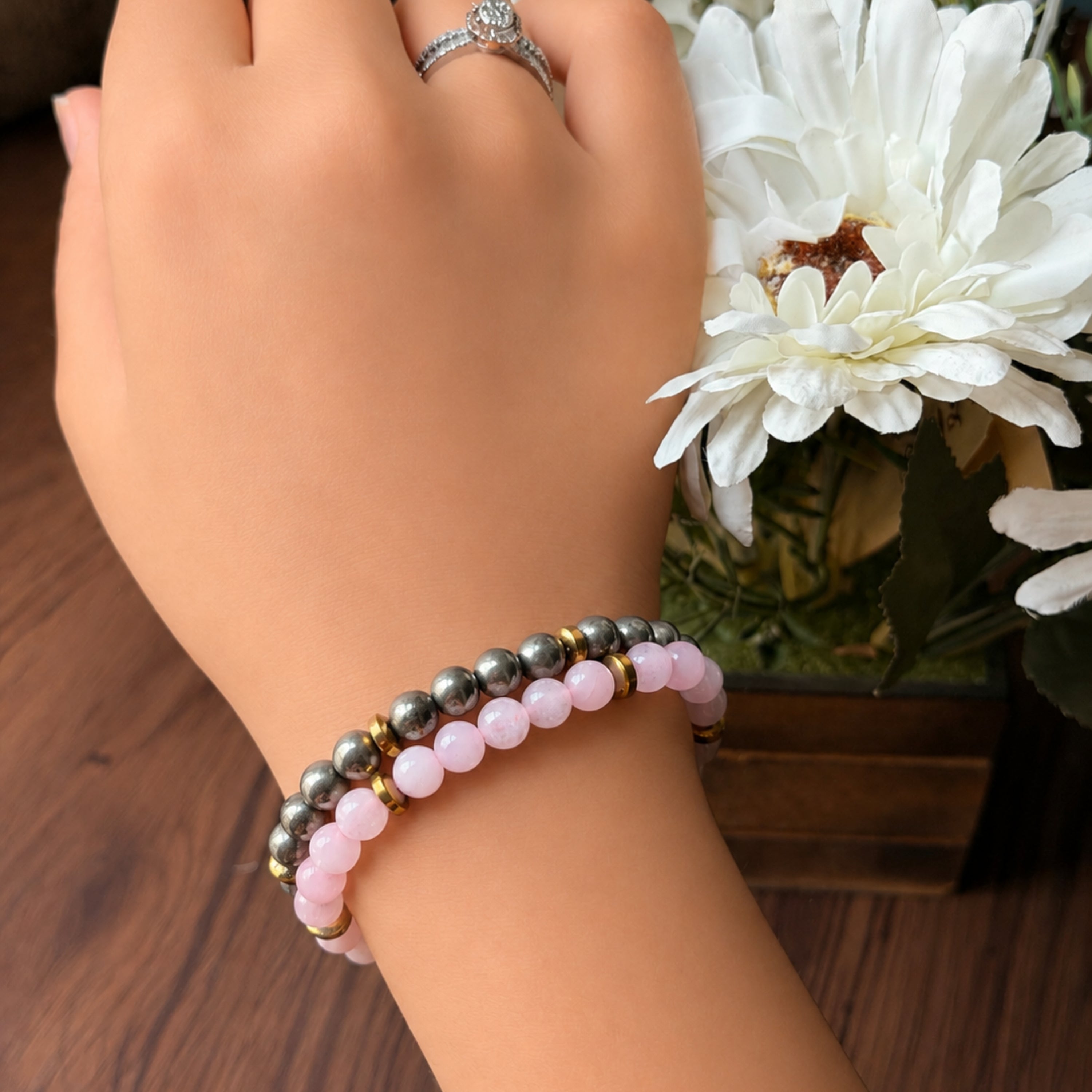 Pyrite & Rose Quartz Bracelet Combo For Wealth, Love & Positive Energy