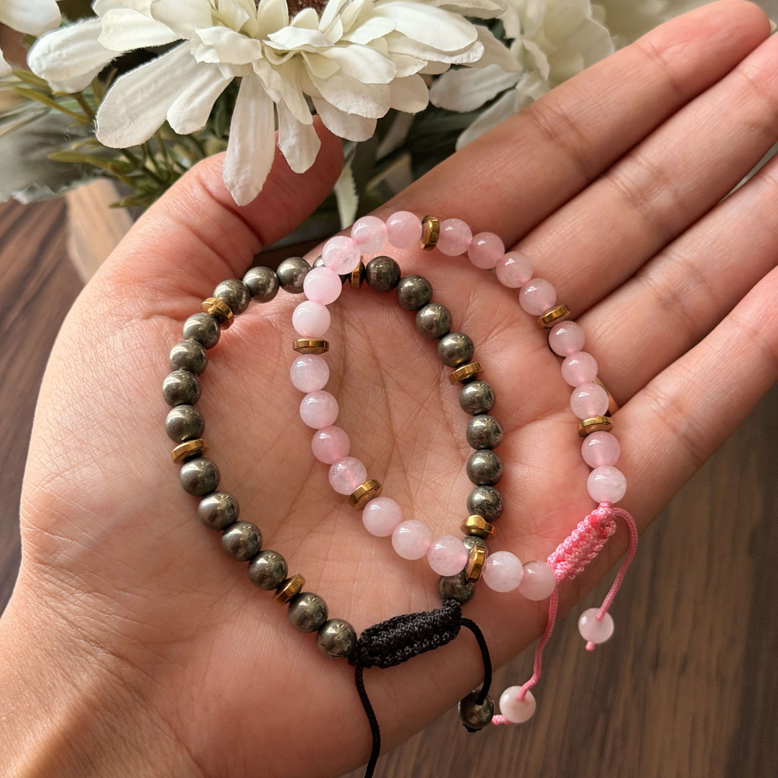 Pyrite & Rose Quartz Bracelet Combo For Wealth, Love & Positive Energy