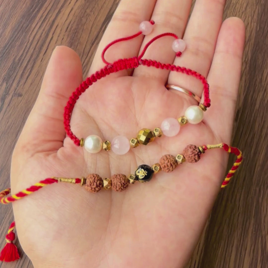 Mahakal Siddh Rudraksha Om, Black Onyx, Rose Quartz & Pearl Rakhi Set for Love, Protection & Prosperity
