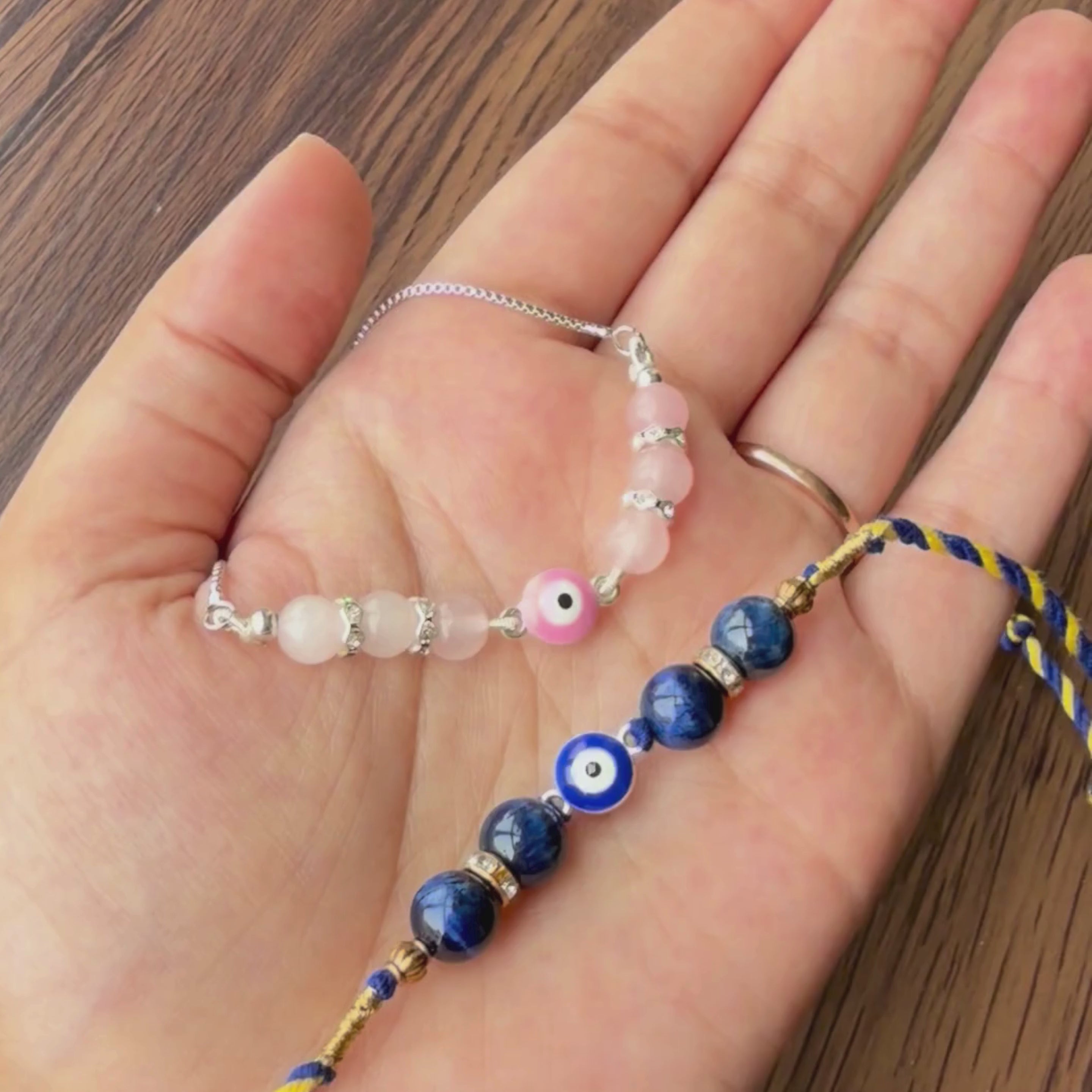 Blue Tiger Eye, Evil Eye & Rose Quartz Rakhi Set for Protection, Love & Harmony