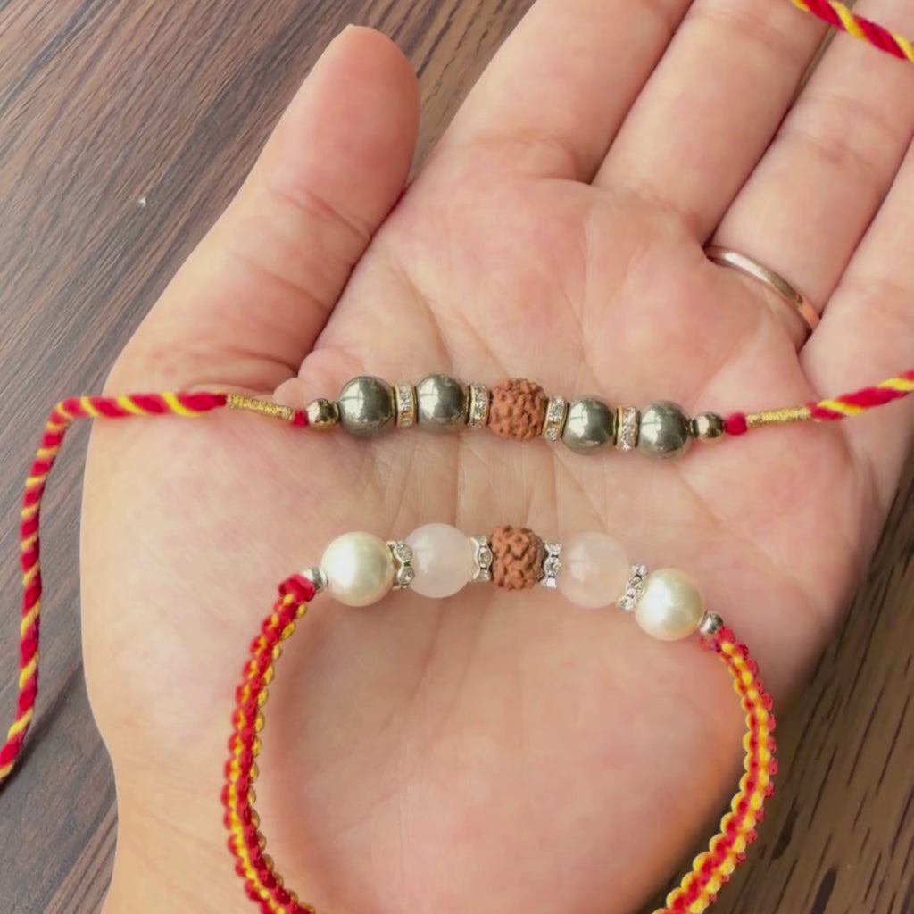 Mahakal Siddh Rudraksha, Pyrite, Rose Quartz & Pearl Rakhi Set for Wealth, Harmony & Divine Blessings