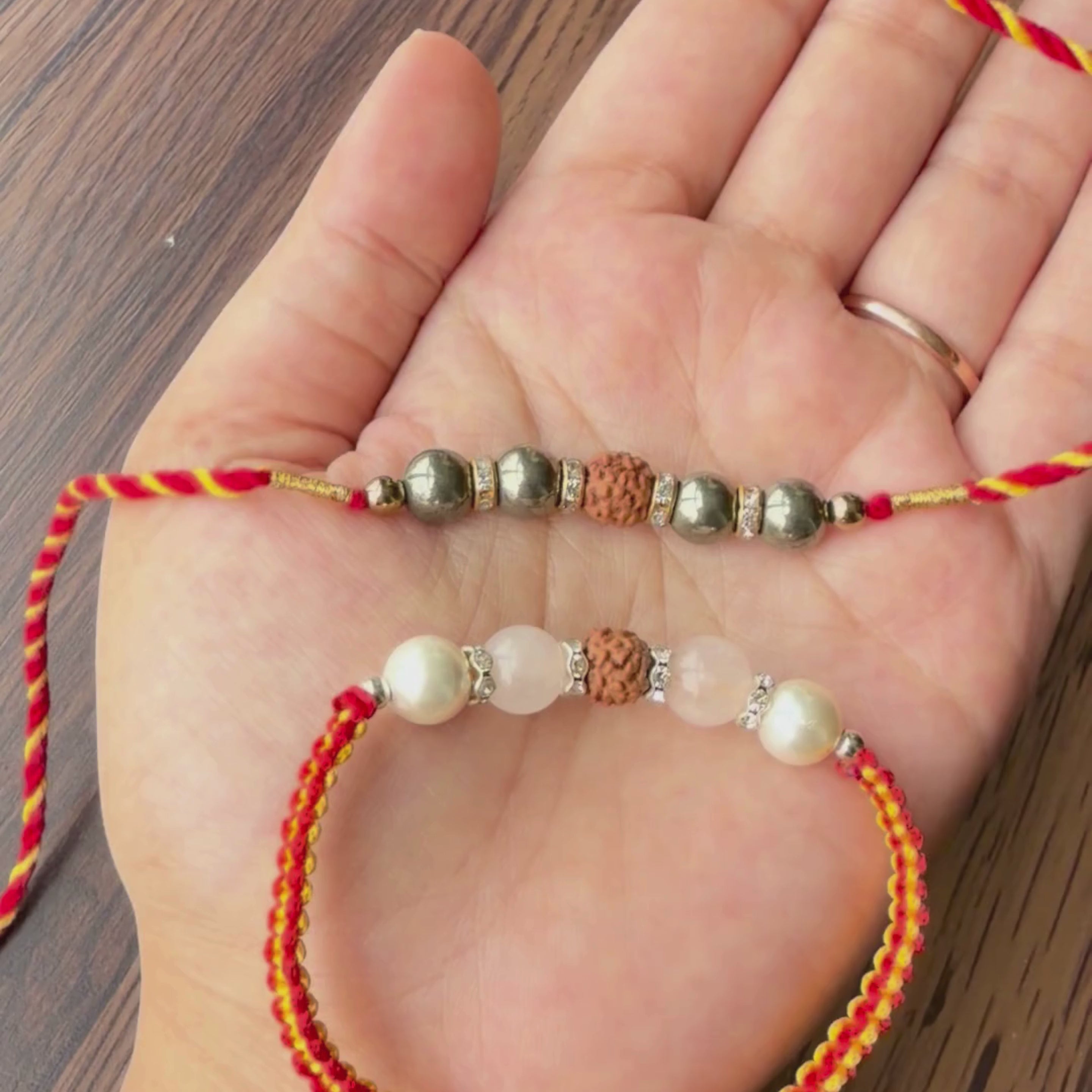 Mahakal Siddh Rudraksha, Pyrite, Rose Quartz & Pearl Rakhi Set for Wealth, Harmony & Divine Blessings
