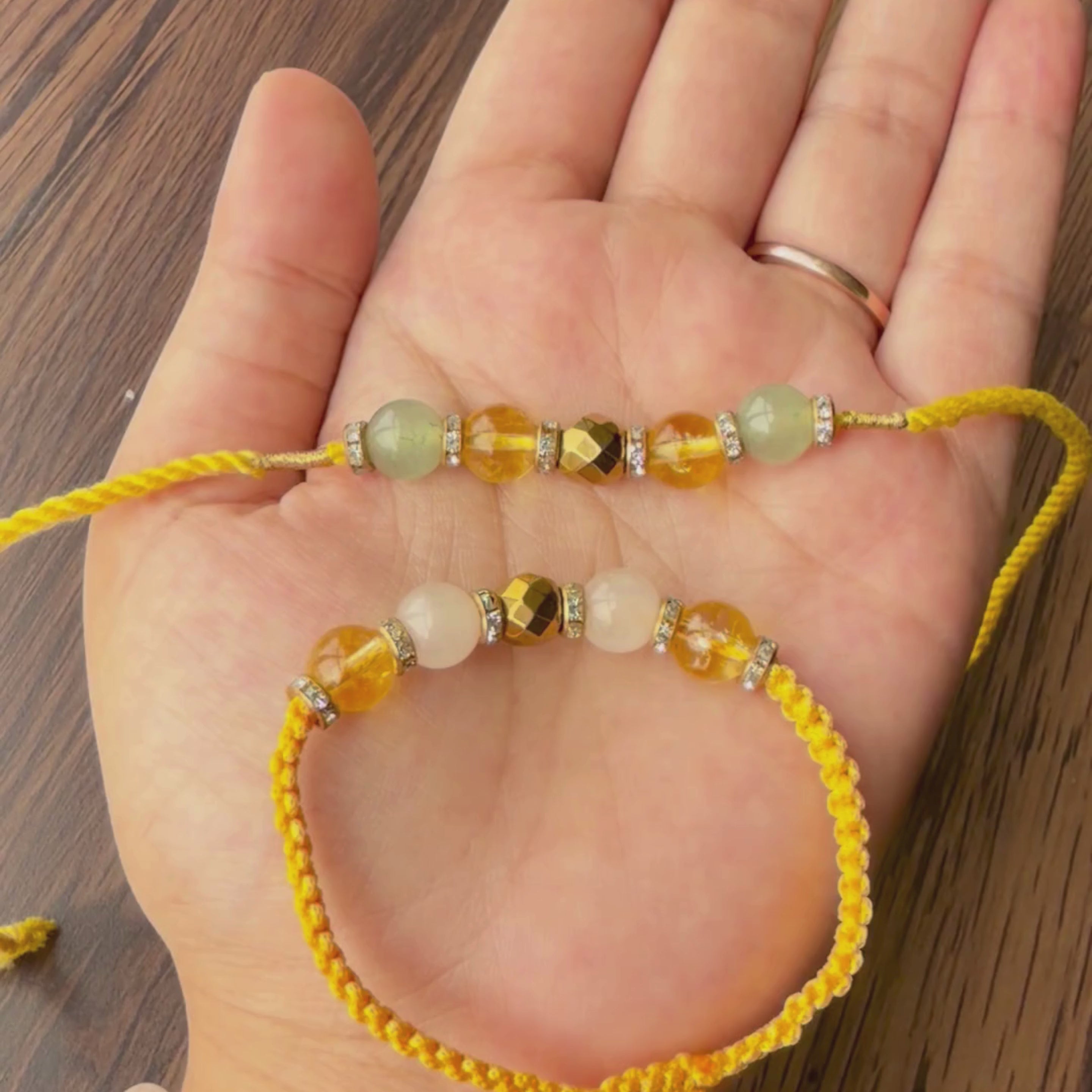 Rose Quartz, Citrine & Golden Pyrite, Green Jade Rakhi Set | Love, Happiness & Prosperity